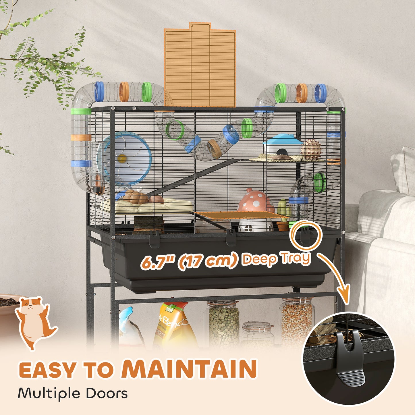 3 Tier Rolling Hamster Cage with 7" Deep Tray, Storage Shelf, Big Exercise Wheel, Tube System, for Syrian, Gerbil, Rat