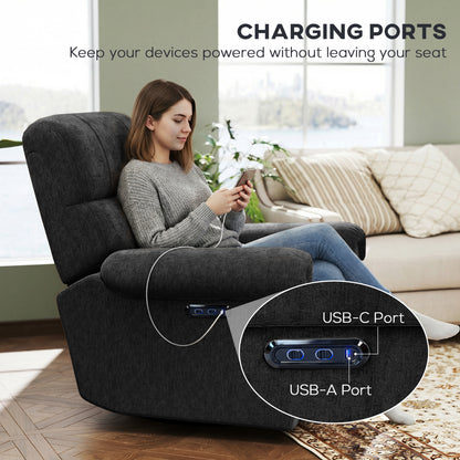 Power Recliner Chair, Fabric Upholstered Recliner Chair with USB Ports, Swivel and Rocking Function, Footrest, Black
