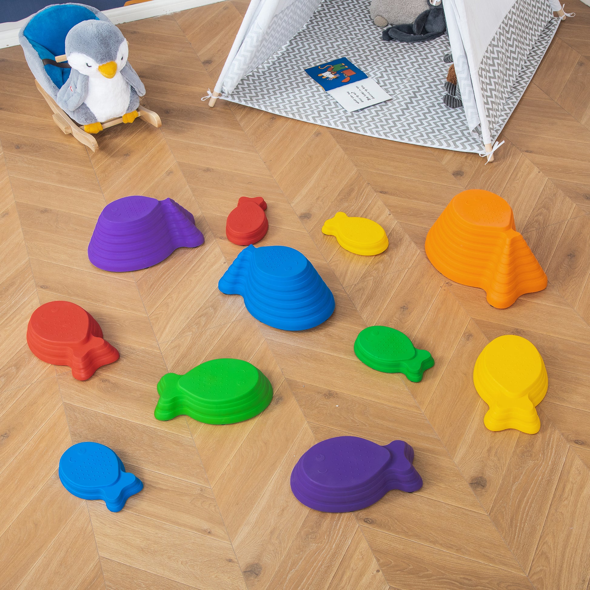 11pcs Balance Stepping Stones for Kids, Fish Style Non-slip Obstacle Course, Larger Size Stackable Balance Blocks Indoor Outdoor