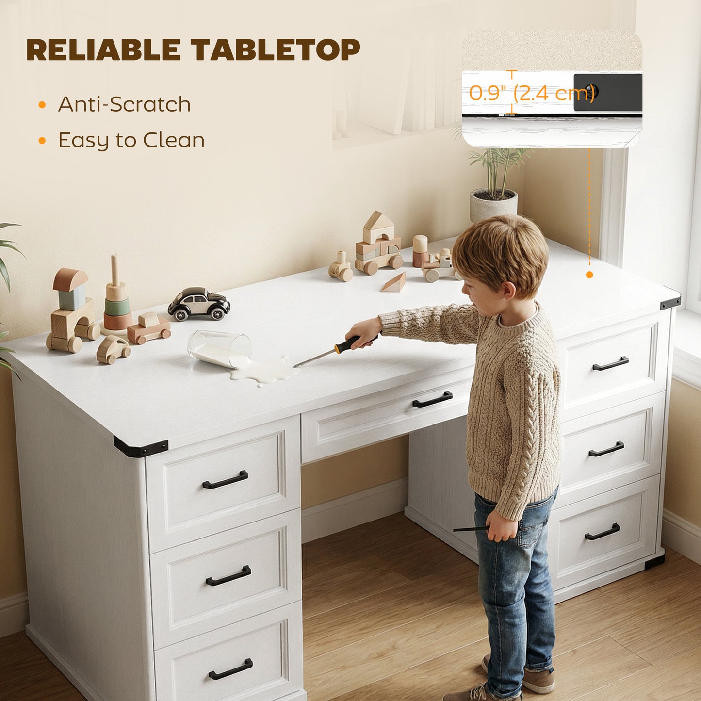55" Computer Desk with 7 Drawers, Farmhouse Executive Desk for Home Office, Study, Bedroom, White Wood Grain