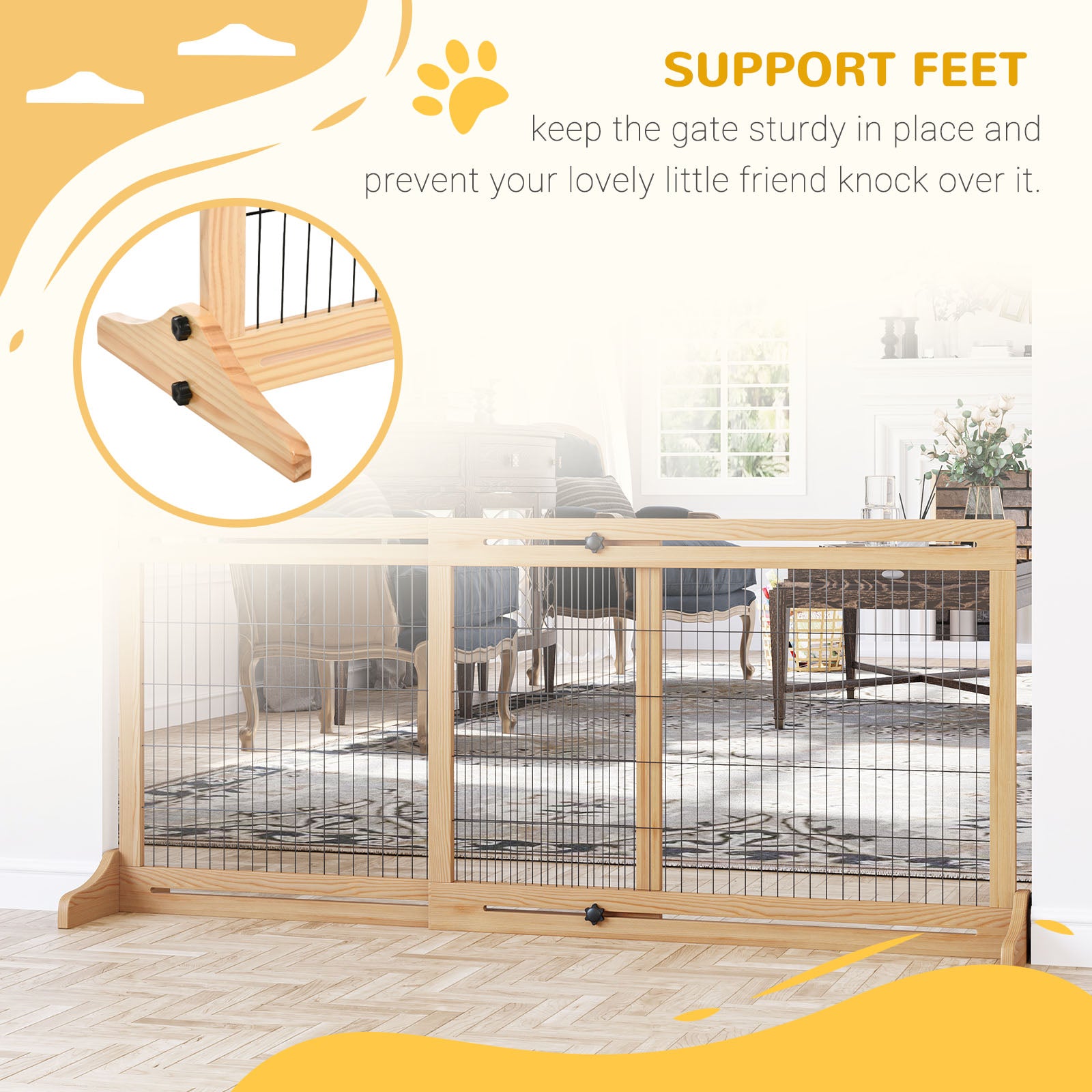 41"-71" Wooden Freestanding Pet Gate with Support Feet, for Small Medium Dogs, Natural