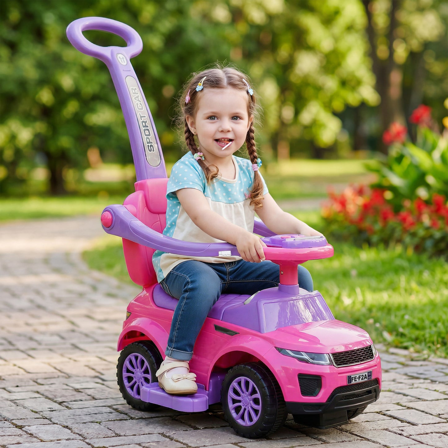 Aosom 3 in 1 Kid Ride on Push Car, Toddlers Sliding Walking Car, with Horn, Music, Light, Parent Control Handle, Secure Bar, Under Seat Storage, for Boy Girl 18-36 Months, Pink