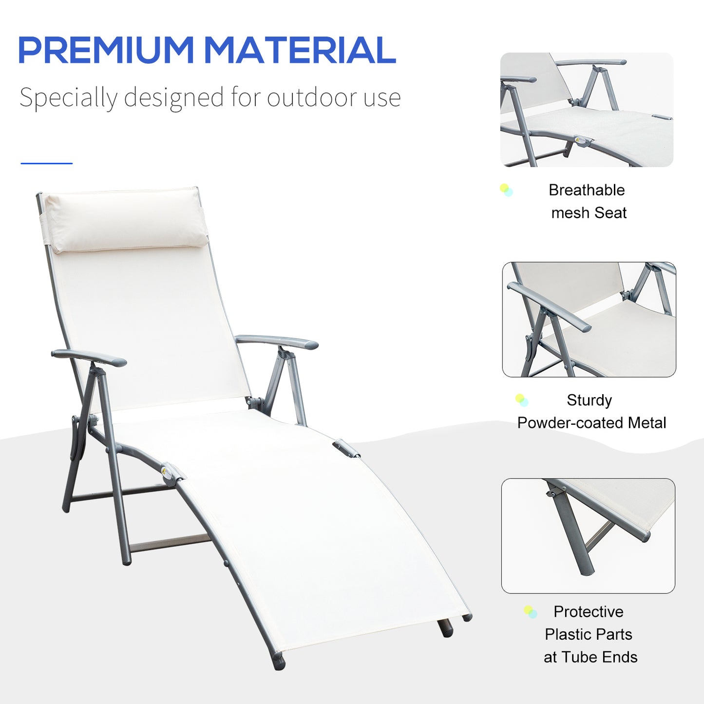 Heavy-duty Adjustable Folding Reclining Chair Outdoor Sun Lounger Patio Chaise Lounge Garden Beach Gravity Lounge with Pillow, 7 Adjustable Backrest Positions, Cream