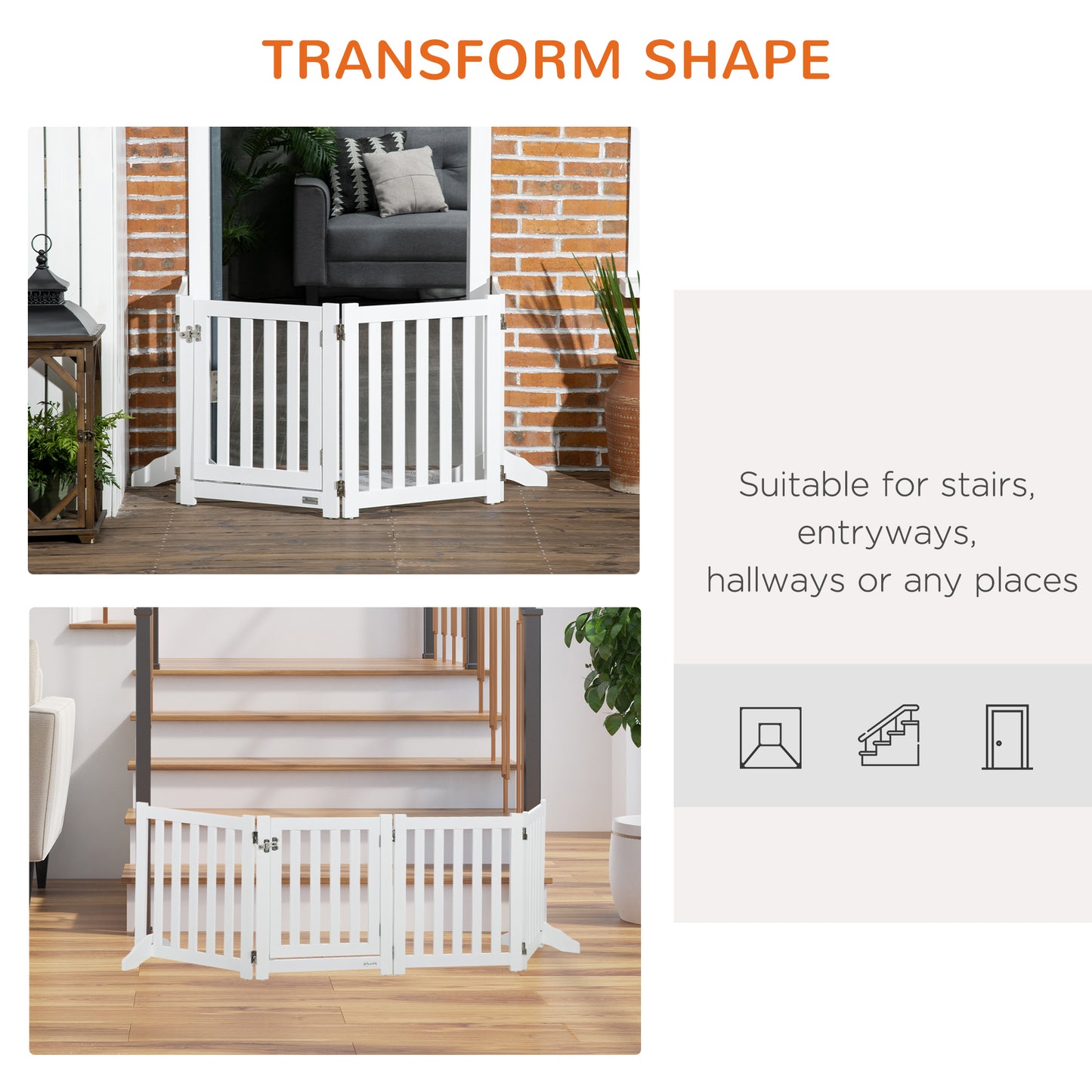 23.5"H Foldable Dog Gate with Door, 4 Panels Freestanding Pet Gate Barriers Indoor with Support Feet, Puppy Fence for Small Dogs, White