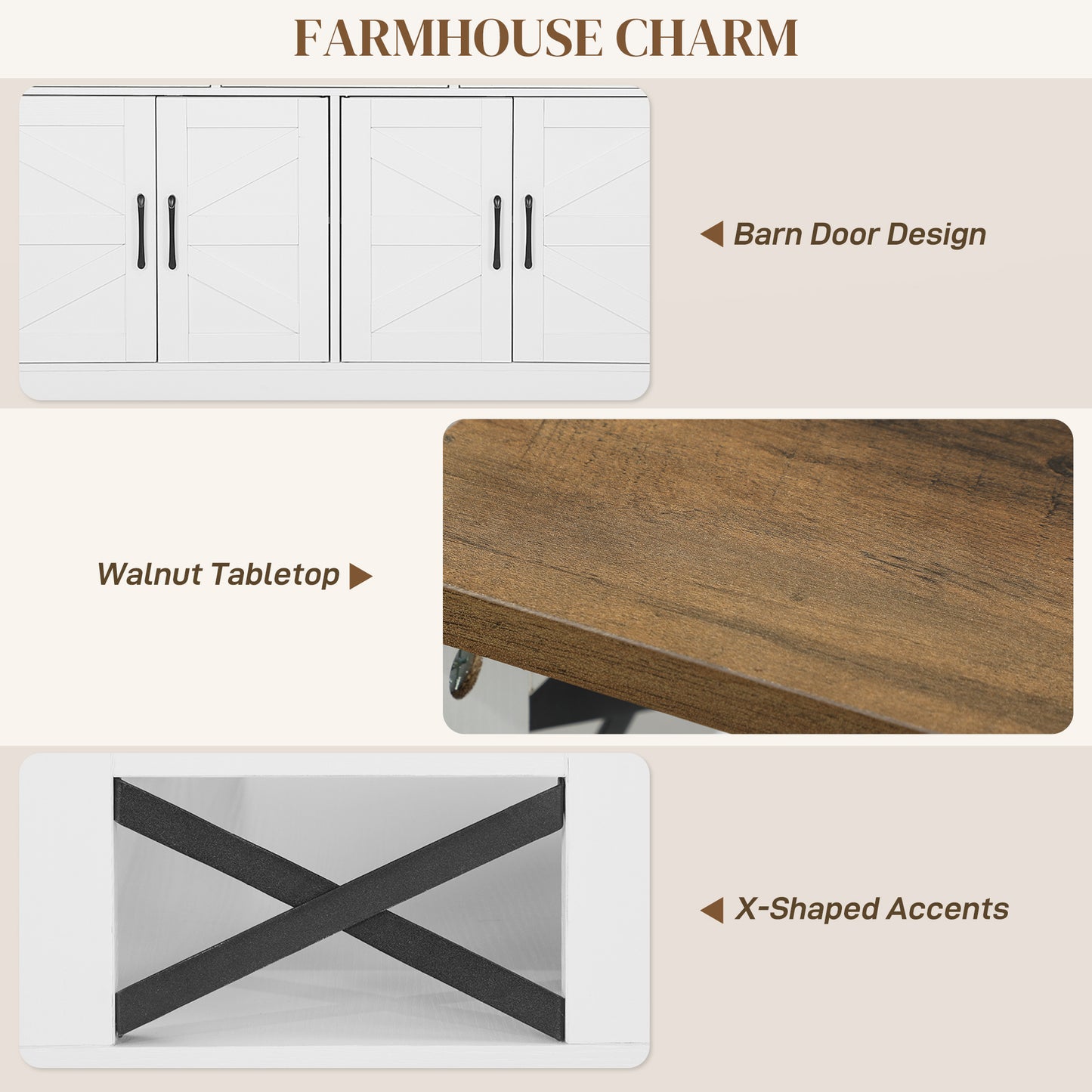 Sideboard, Buffet Cabinet with 4 Barn Doors and 3 Drawers, Coffee Bar Cabinet with Adjustable Shelves, White