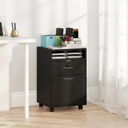 24" Small Filing Cabinet with Open Compartment, Drawer and Wheels, Home Office Storage Cabinet, Black