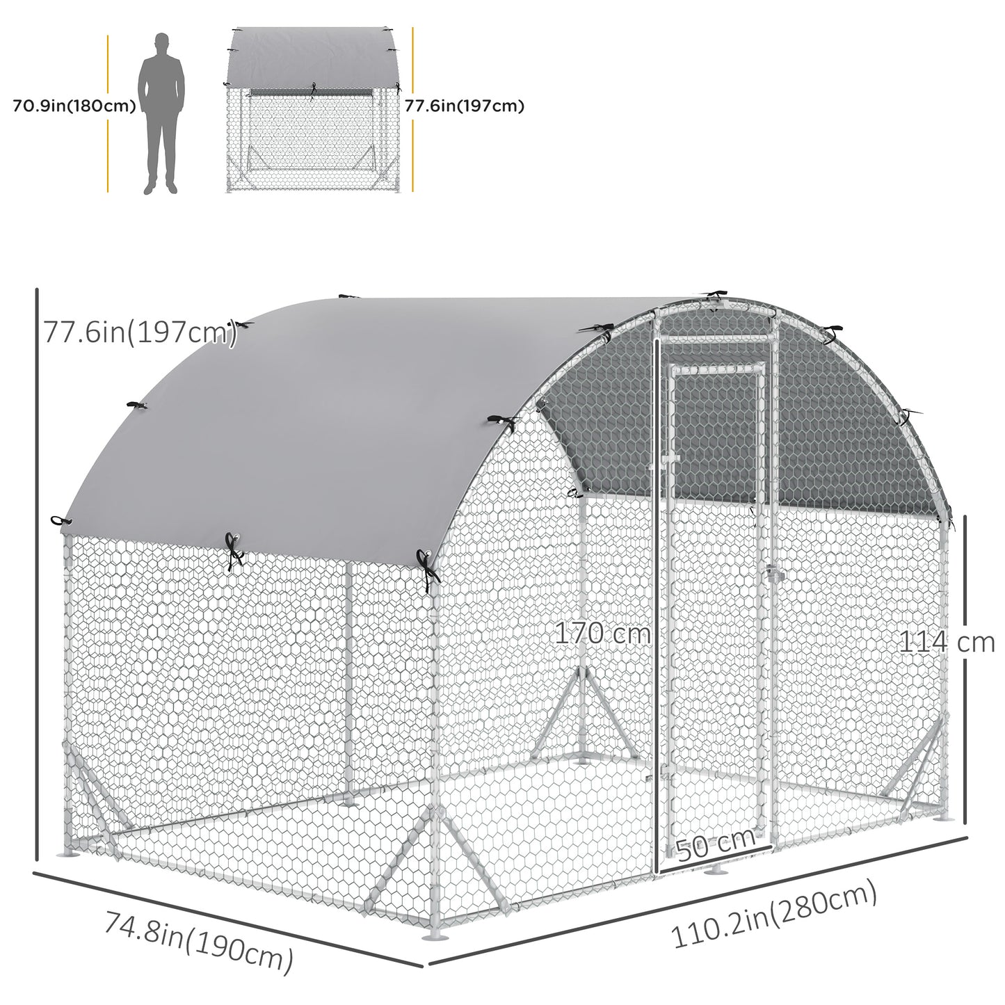 Galvanized Large Metal Chicken Coop Cage Walk-in Enclosure Poultry Hen Run House Playpen Rabbit Hutch with Cover for Outdoor Backyard 9.2' x 6.2' x 6.5' Silver