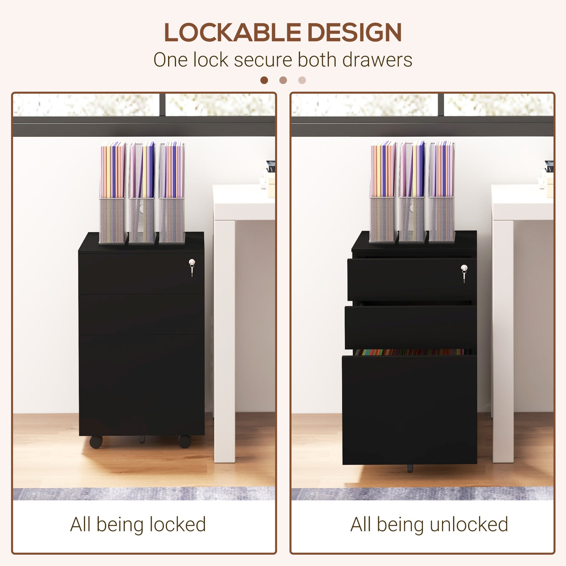 Vertical Steel Filing Cabinet on Wheels, 3-Drawer Lockable File Cabinet with Adjustable Hanging Bar for A4, Legal and Letter Size, for Home Office, Black