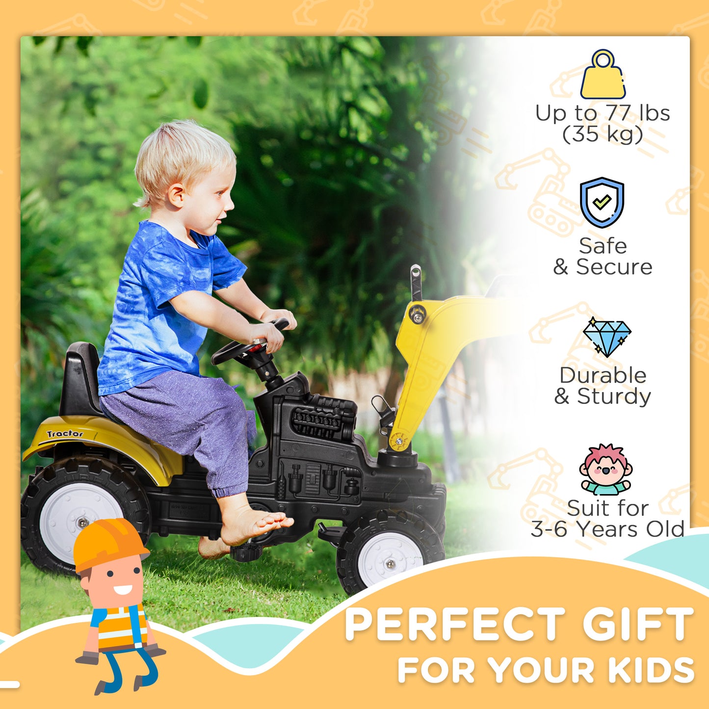 Aosom Ride on Tractor for Kids, Pedal Excavator Ride on Toy for 3 Year Old, Yellow