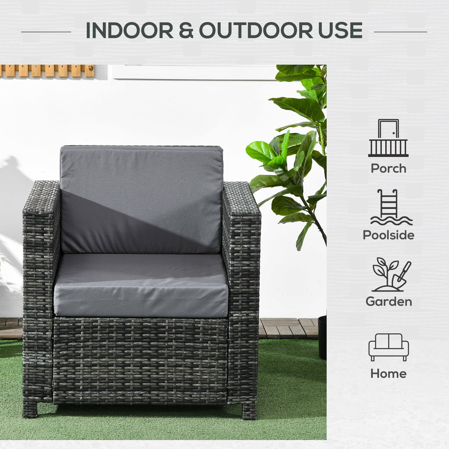 Outdoor Rattan Sofa, Patio Wicker Armchair with Cushions for Garden, Balcony, Porch, Grey