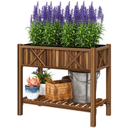 Wooden Raised Garden Bed, Elevated Planter Box with Storage Shelf, Drainage Holes and Liner, 34"x18"x30", Carbonized