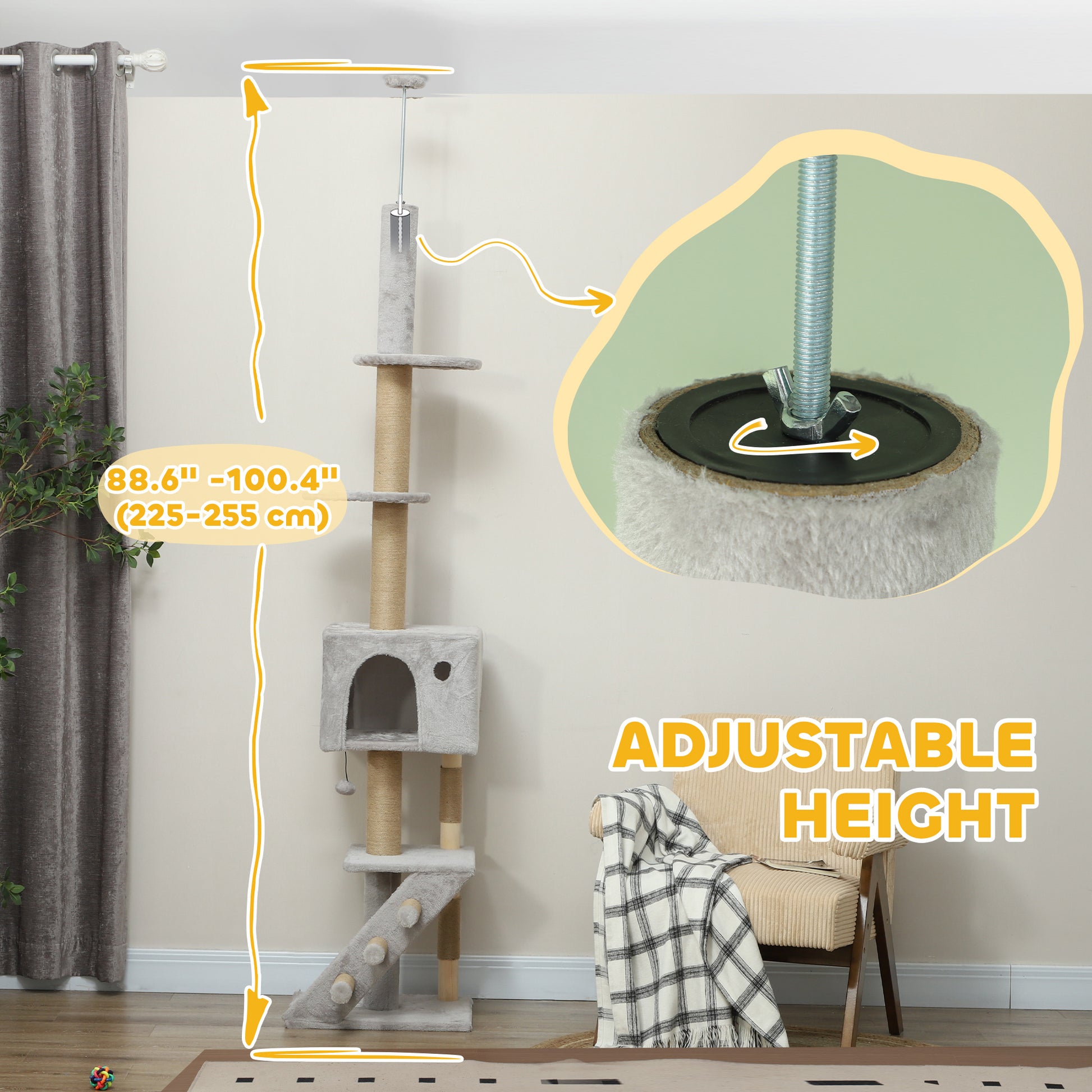 89"-100" Floor to Ceiling Cat Tree w/ Scratching Post, Cat House, 3-Steps, Hanging Ball, Perches, Light Grey