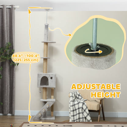 89"-100" Floor to Ceiling Cat Tree w/ Scratching Post, Cat House, 3-Steps, Hanging Ball, Perches, Light Grey