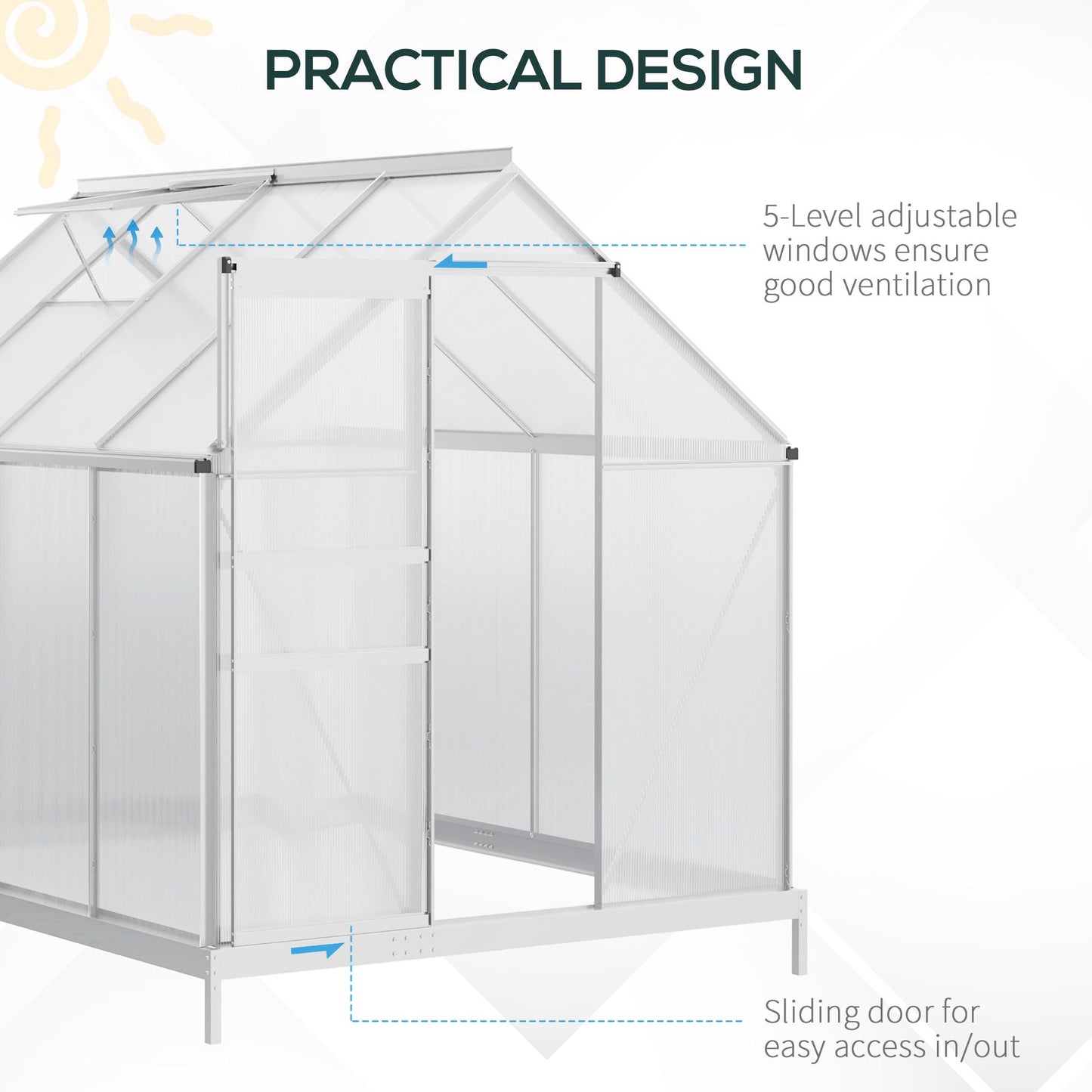 6' x 8' x 6.5' Walk-in Greenhouse, Polycarbonate Greenhouse with Adjustable Roof Vent, Base, Sliding Door, Clear
