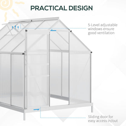 6' x 8' x 6.5' Walk-in Greenhouse, Polycarbonate Greenhouse with Adjustable Roof Vent, Base, Sliding Door, Clear