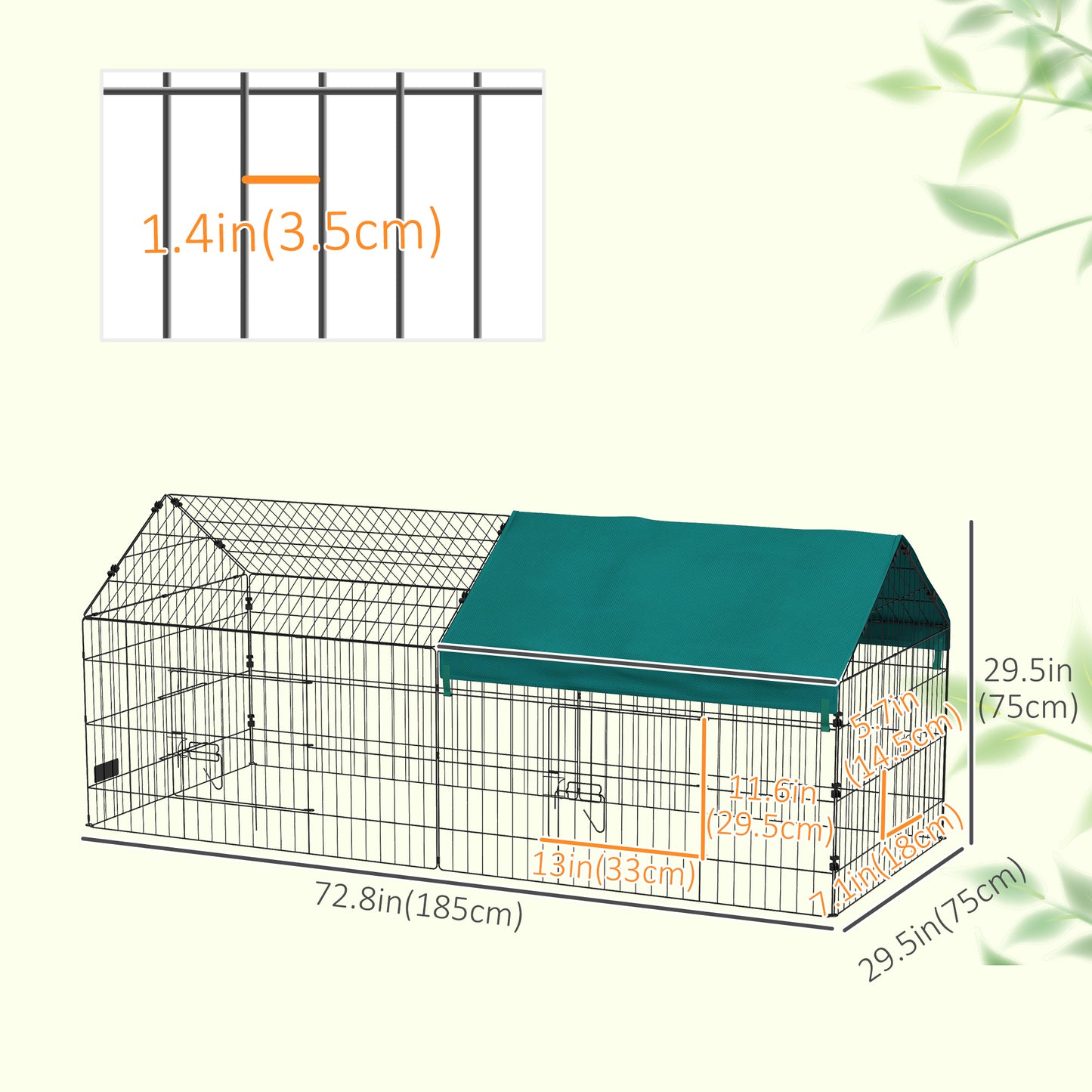 73" Small Animal Cage with Roof, Indoor/Outdoor Use, for Chicken, Rabbits, Chinchillas, Green