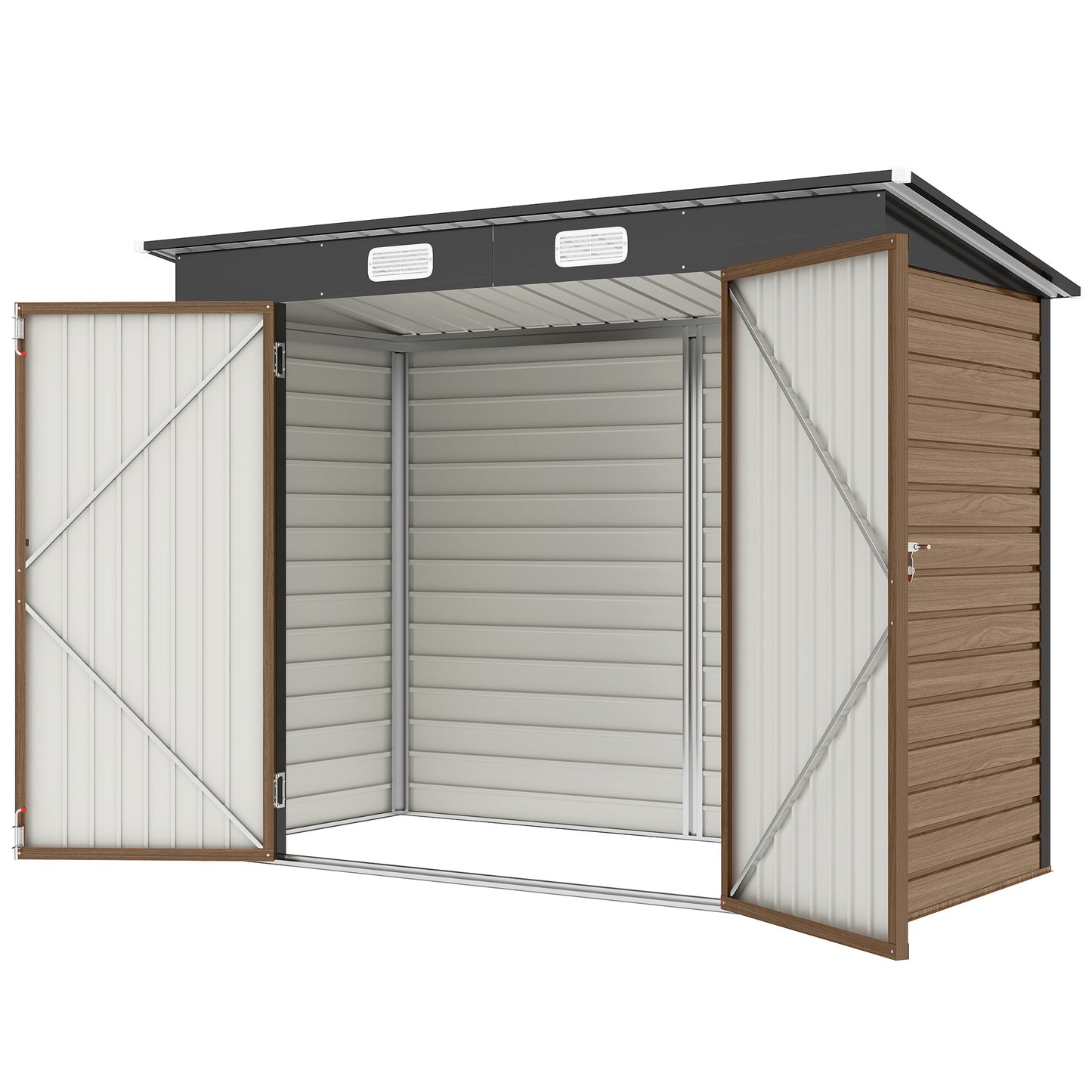 8 x 4 ft Galvanized Garden Storage Shed, Metal Outdoor Tool House with Double Doors and Dual Vents for Backyard and Patio Storage, Teak