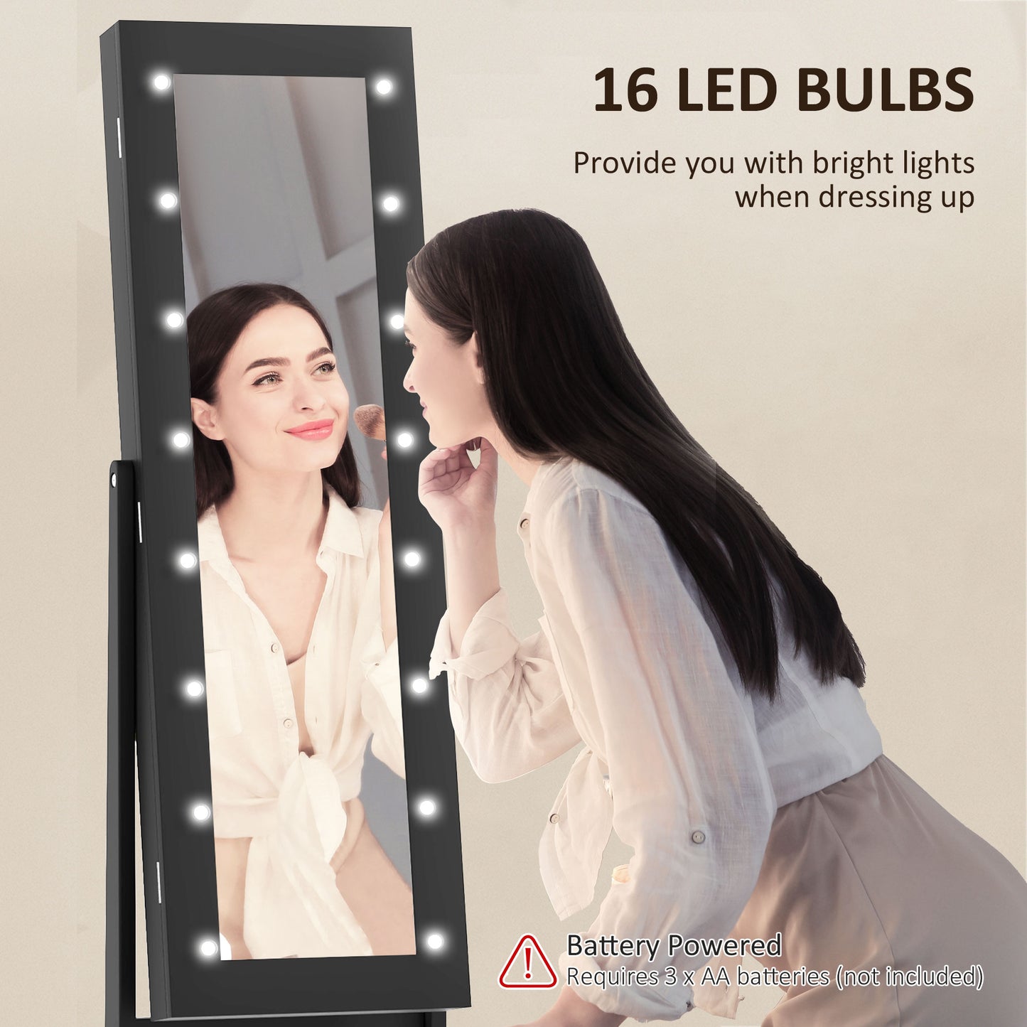 Free Standing Armoire Organizer, Lighted Mirrored Jewelry Cabinet w/ Angle Adjustable & 16 LED Lights Black