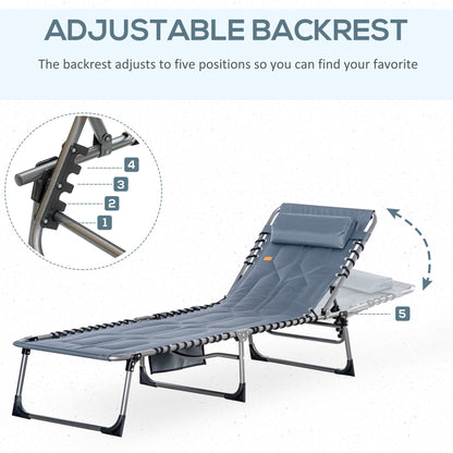 Outdoor Lounge Chair, Folding Chaise Lounge, Patio Padded Tanning Chair with 5-position Adjustable Backrest, Pillow and Pocket for Deck, Beach, Lawn and Sunbathing, Grey