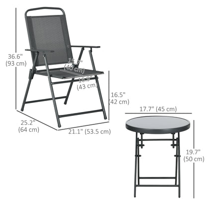 3 Pieces Bistro Set, Foldable Patio Furniture Set with Mesh Chairs, Glass Table for Garden, Balcony, Charcoal Grey