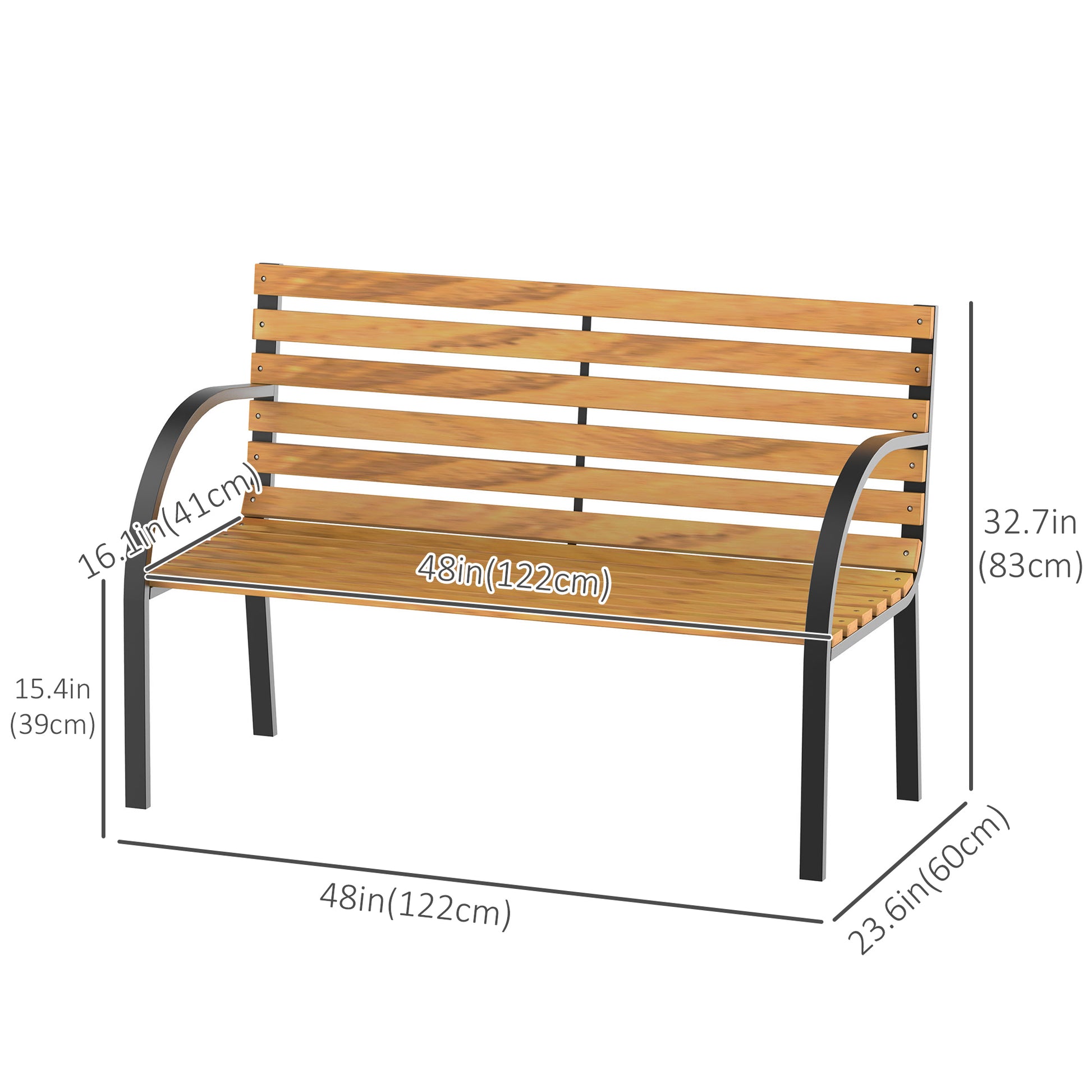 48"L Garden Bench Outdoor Patio 2-Person Wooden Seat Chair Park Loveseat Yard Furniture w/ Steel Frame