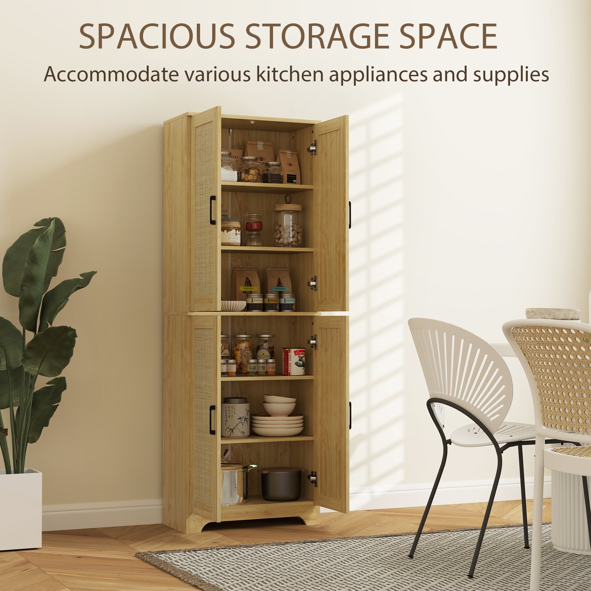 67" Tall Kitchen Pantry, Freestanding Kitchen Storage Cabinet with 4 Rattan Doors and Adjustable Shelves, Oak