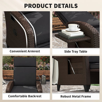 Outdoor Recliner Chair with Adjustable Backrest, Cushion, Side Tray, Black