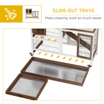 Wooden Rabbit Hutch, Indoor Bunny Cage with Wheels, Pull Out Trays, Run, Brown