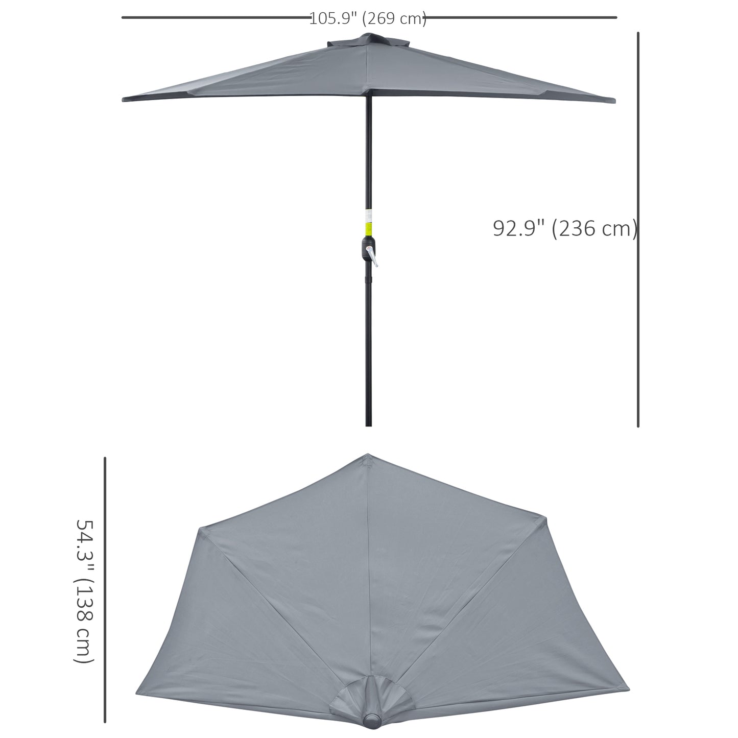 9ft Half Round Patio Umbrella, Outdoor Market Patio Table Umbrella Parasol with Crank Mechanism, 5 Ribs, Grey