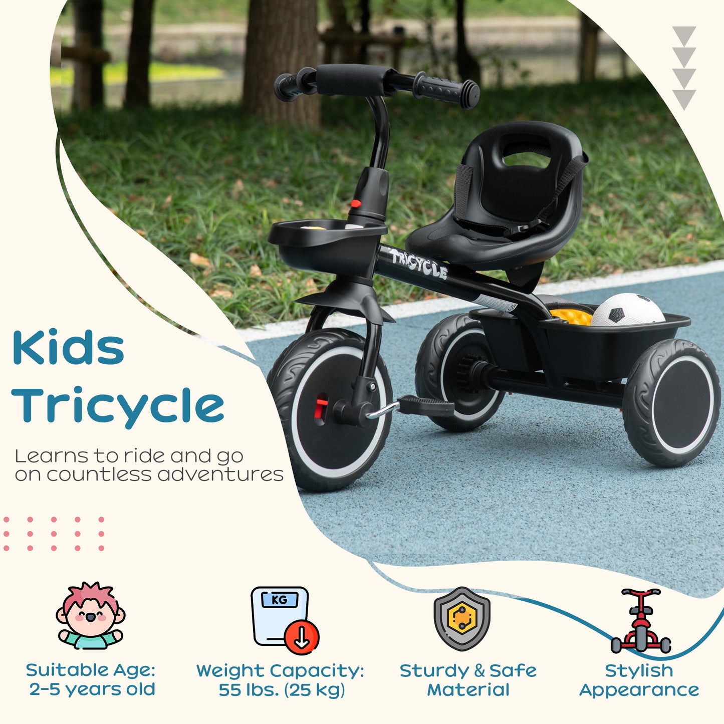 Qaba Tricycle for 2-5 Years Old, Toddler Bike with Adjustable Seat, Black