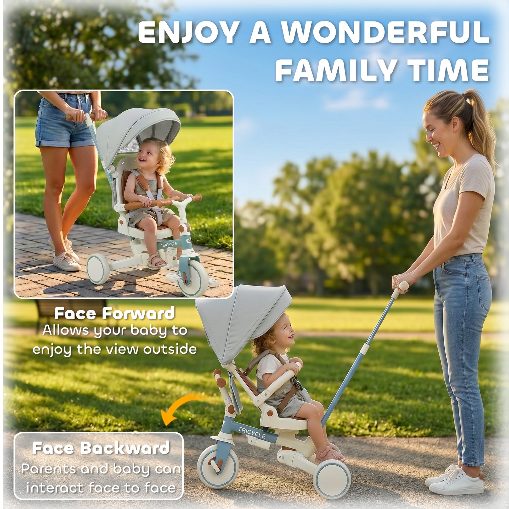 Qaba 9 in 1 Toddler Tricycle with Safety Harness, Adjustable & Removable Parent Handle, Canopy, Storage Bag, Brake, Blue
