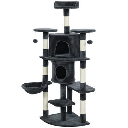 62" Cat Tree with Scratching Post, 2 Condos, Hammock, Perches, Plush, Pompoms, for Indoor Cats, Dark Grey