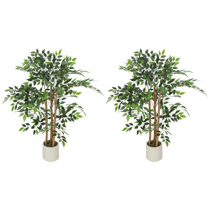 4FT Artificial Banyan Tree Set of 2, Fake Potted Tree with Solid Wood Trunk and Pot for Indoor
