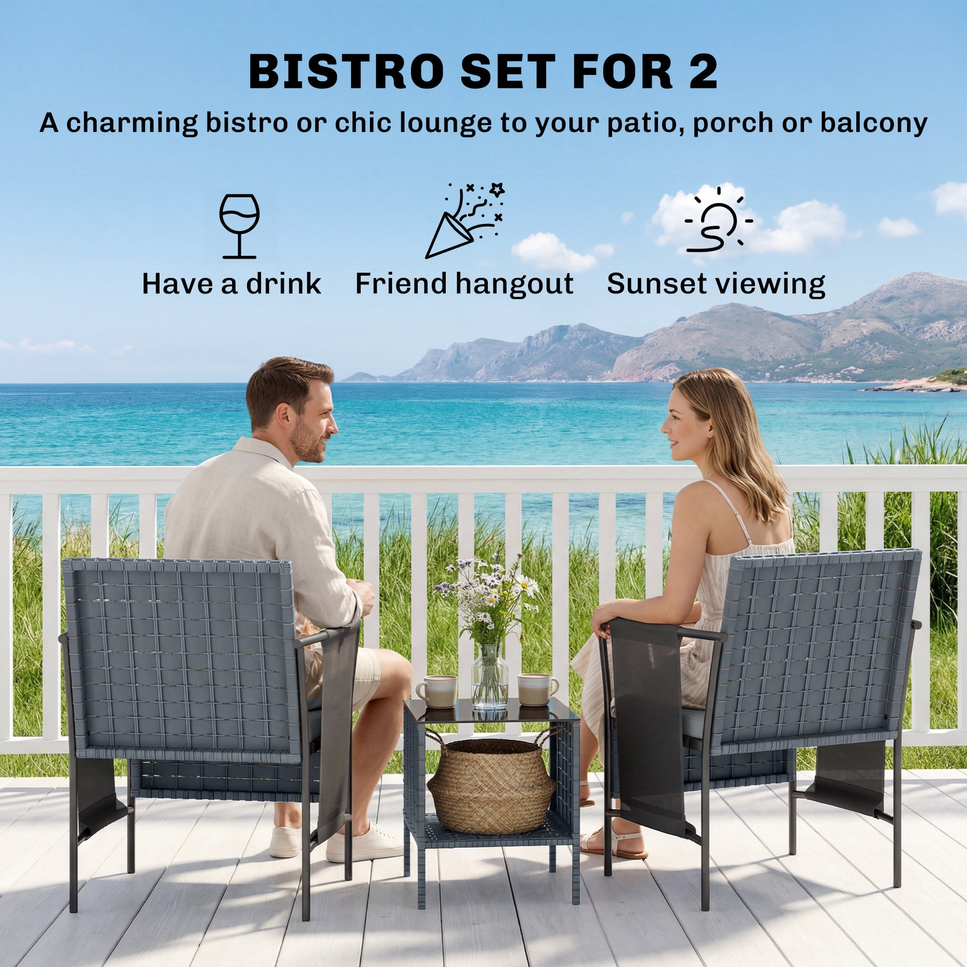 3 Piece Wicker Patio Furniture Set, Outdoor Bistro Set, Side Pockets, Mesh Seat, 2 Tier Glass Table, Cushions, Grey