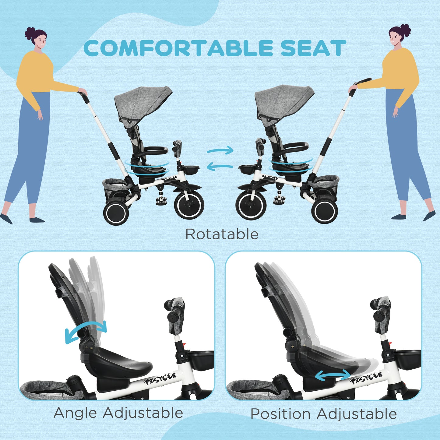 Aosom Tricycle for Toddler 6-in-1 Kids Trike, Foldable Converts Stroller to Baby Push Bike, Adjustable Backrest with Detachable Guardrail & Handle, Brake for 1-4 Years Old, Grey