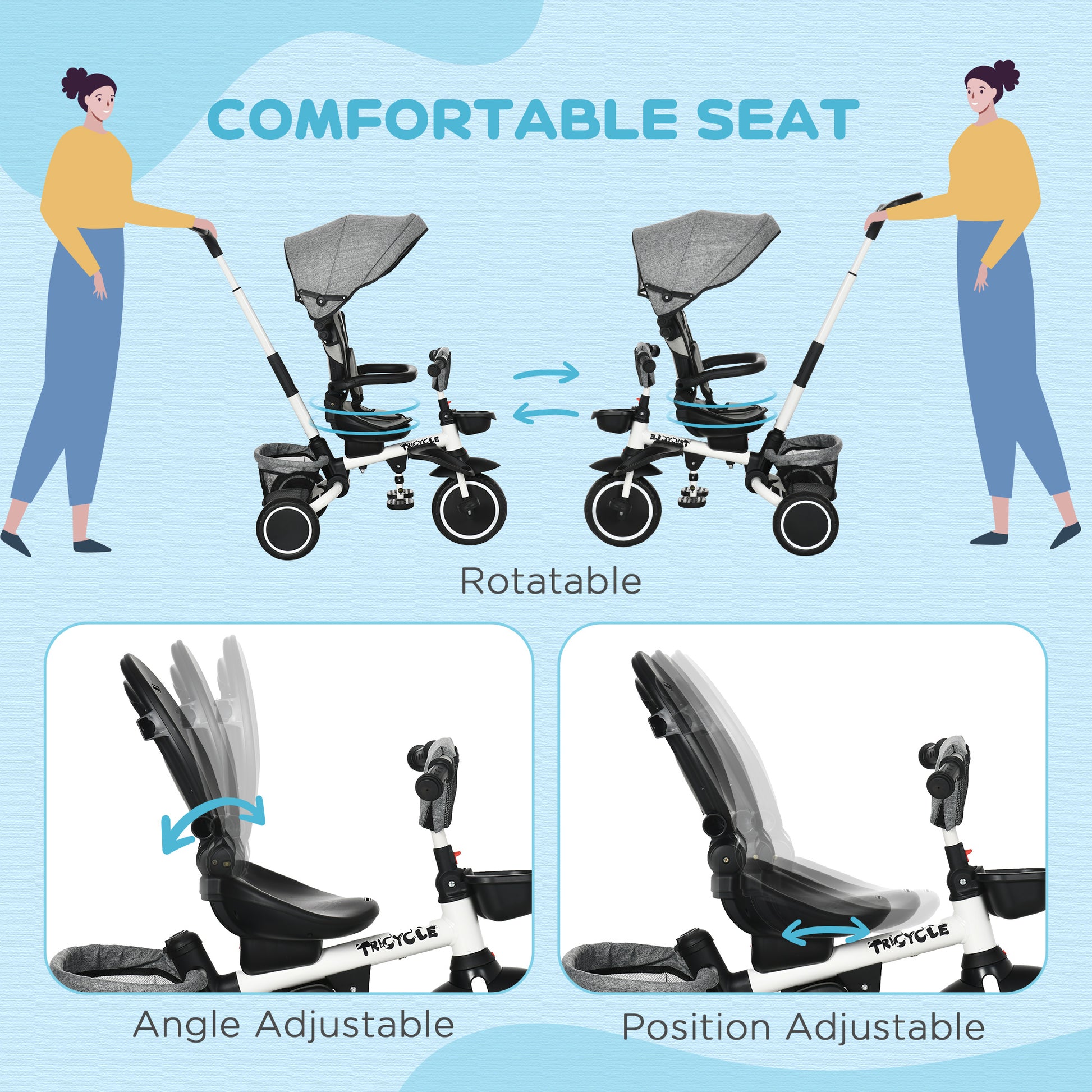 Aosom Tricycle for Toddler 6-in-1 Kids Trike, Foldable Converts Stroller to Baby Push Bike, Adjustable Backrest with Detachable Guardrail & Handle, Brake for 1-4 Years Old, Grey