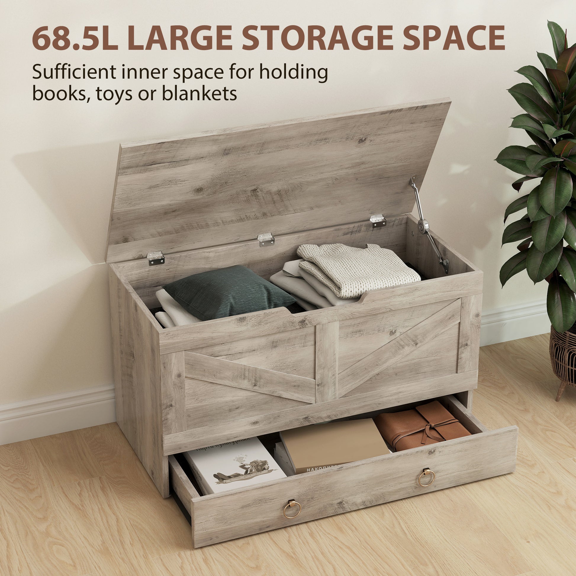 31.5 Inches Storage Chest, Storage Trunk with 2 Safety Hinges for Living Room, Grey Wood Grain