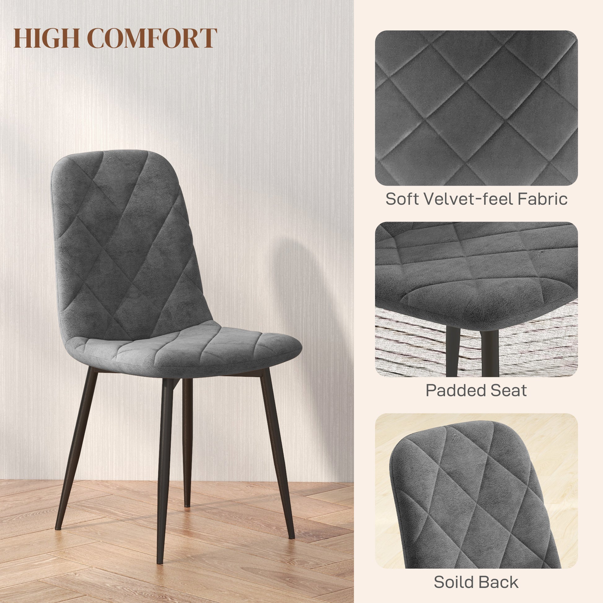 Dining Chairs Set of 4, Upholstered Dining Room Chairs with Steel Legs, Modern Kitchen Chair for Dining Room, Grey