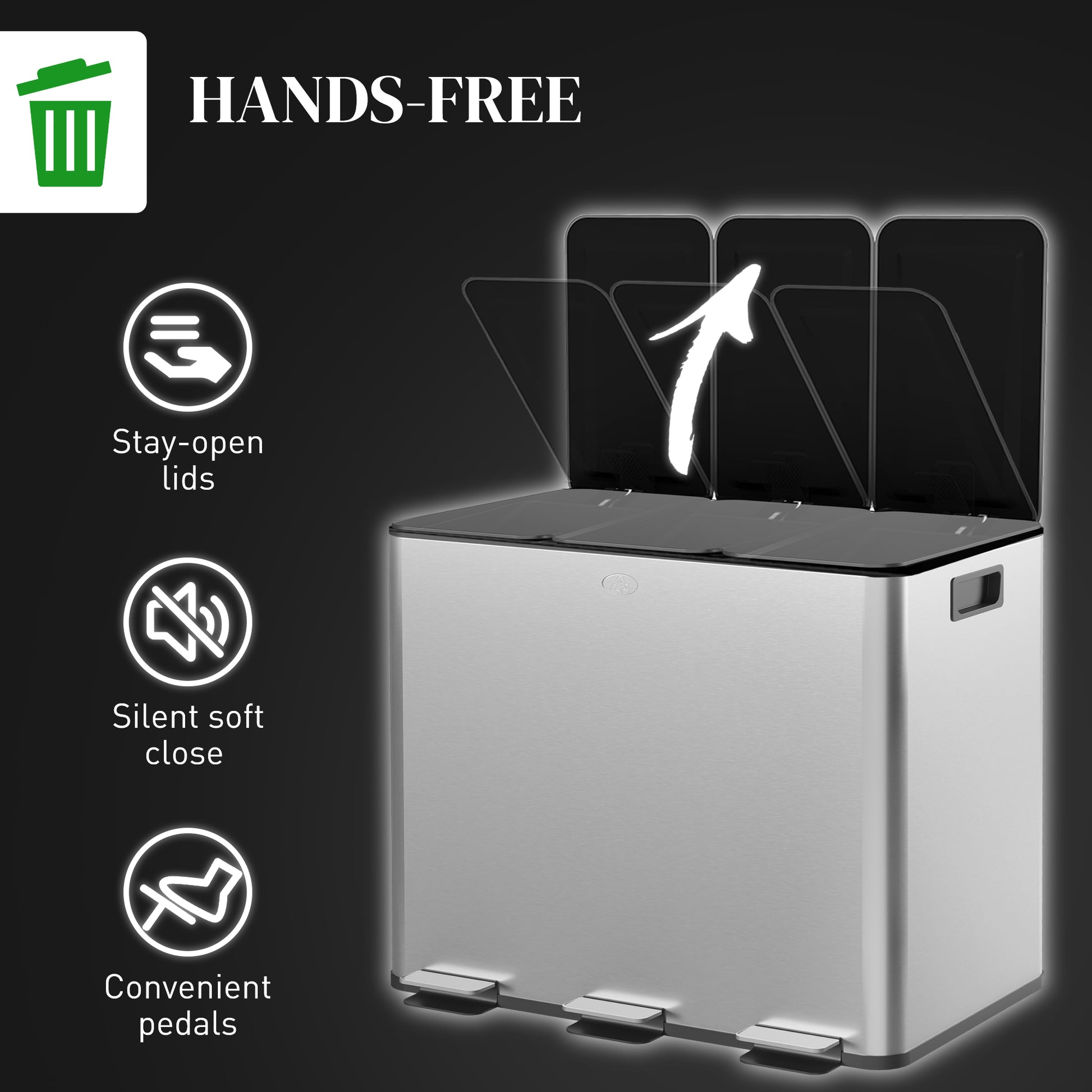 Triple Garbage Bin, Soft-Close Trash Can with Foot Pedal, 3 x 20 Liter Garbage Can with Removable Inner Buckets, Silver