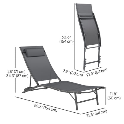 Folding Outdoor Chaise Lounge Chair Set of 2 with Adjustable Backrest, Headrest, Mesh Seat for Beach, Poolside, Grey