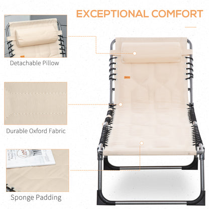 Outdoor Lounge Chair, Folding Chaise Lounge, Patio Padded Tanning Chair with 5-position Adjustable Backrest, Pillow and Pocket for Deck, Beach, Lawn and Sunbathing, Beige