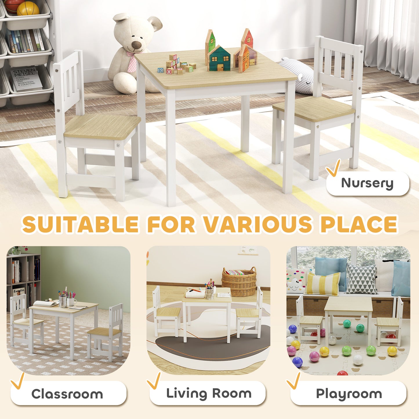 Qaba Kids Table and Chairs Set, Toddler Table and 2 Chair Set for Activity, Art, Craft, Reading, Learning, Natural