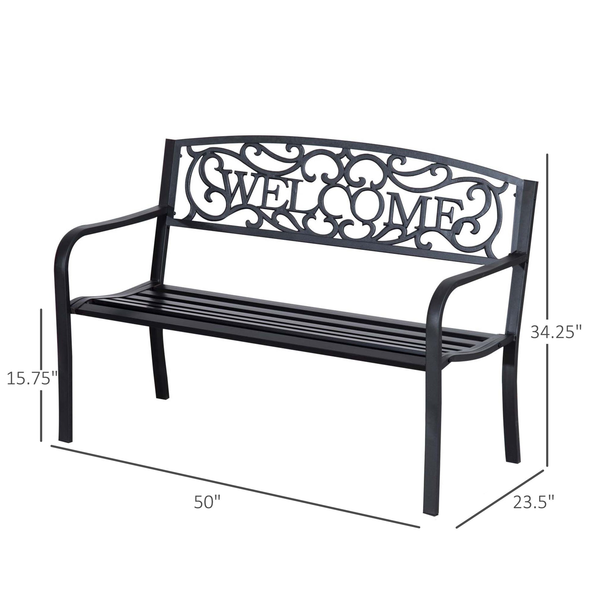 50" 2-Seater Garden Bench, Patio Decorative Chair Metal Backyard Loveseat Outdoor Furniture for Yard, Lawn, Porch, Black