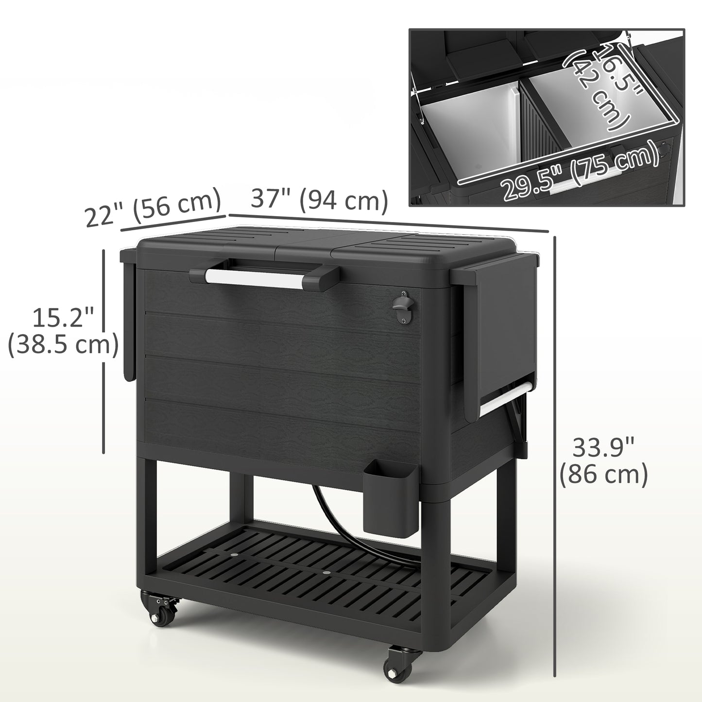 104 Quart Large Capacity Outdoor Cooler Cart, Patio Rolling Ice Chest with Bottle Opener Shelves Wheels, Black