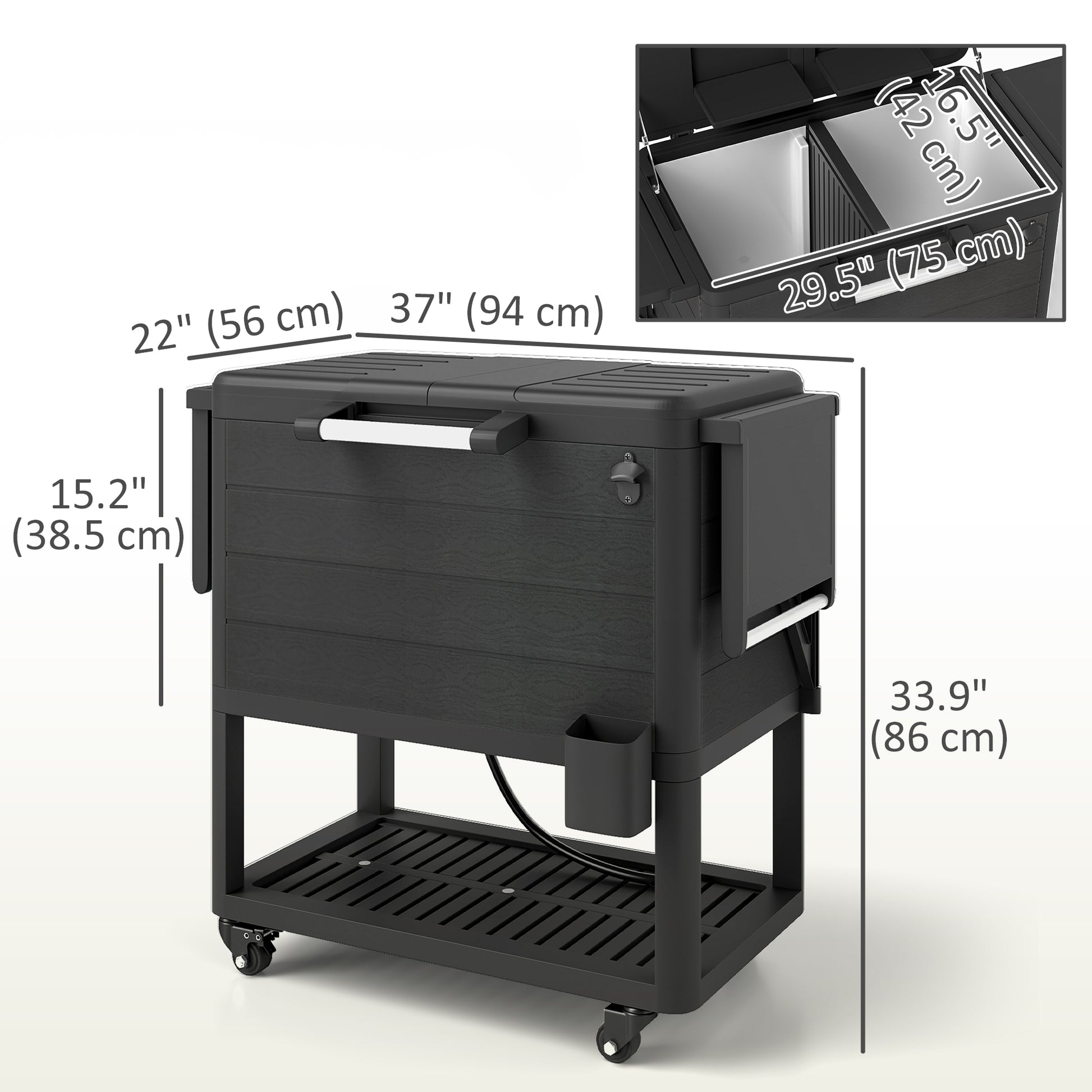 104 Quart Large Capacity Outdoor Cooler Cart, Patio Rolling Ice Chest with Bottle Opener Shelves Wheels, Black