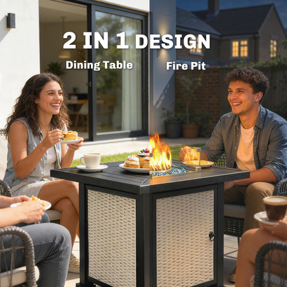 32" Propane Gas Fire Pit Table, 50,000 BTU Square Patio Table with Fire Pit, Wind Guard, Lid, CSA Certified, Grey