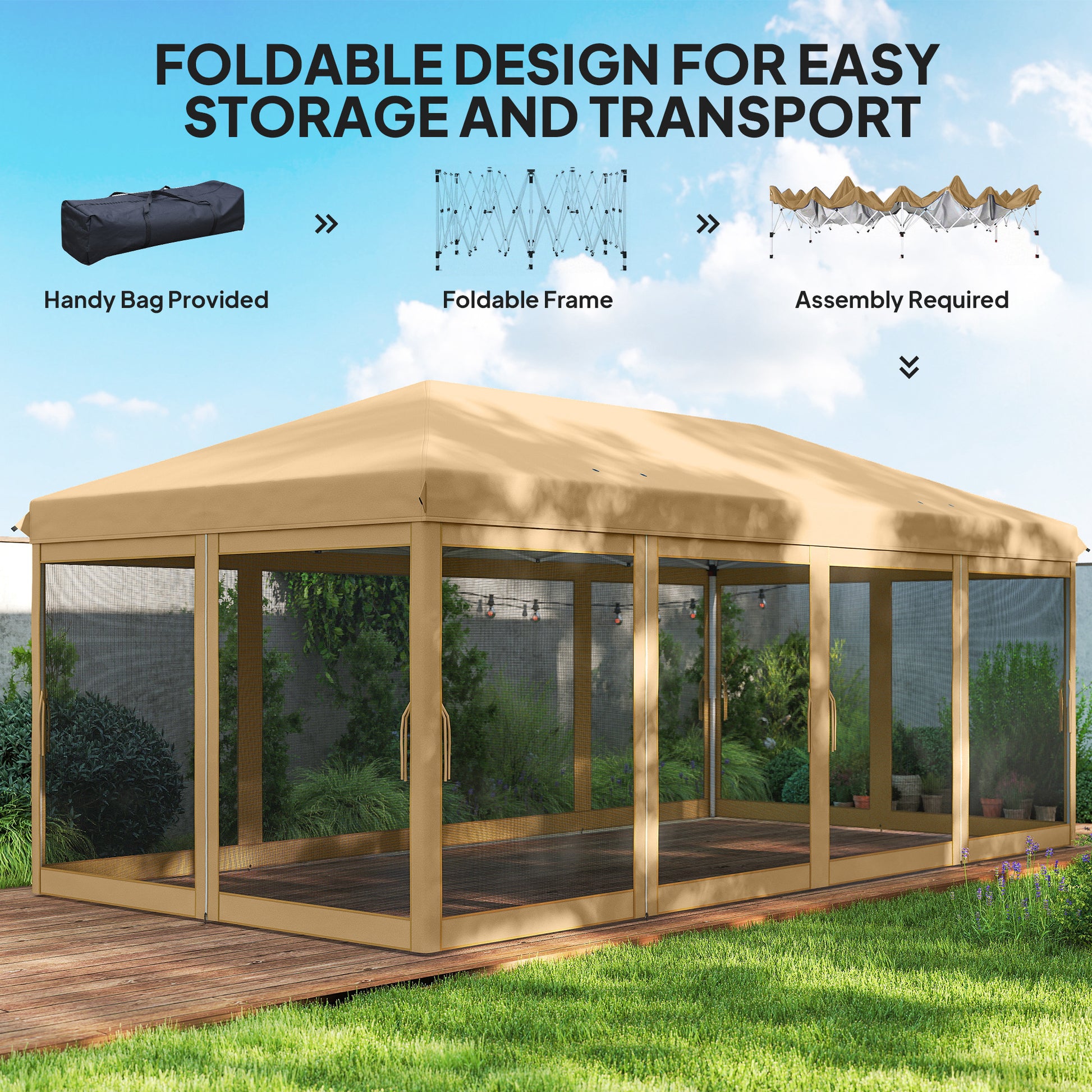 10' x 20' Pop Up Canopy Tent Gazebo with Removable Mesh Sidewall Netting, Carry Bag for Backyard Patio Outdoor, Beige