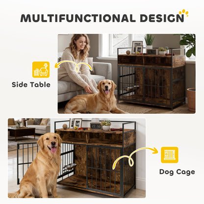 Dog Crate Furniture with Rotating Feeding Station Dog Kennel End Table Storage Shelves, Rustic Brown