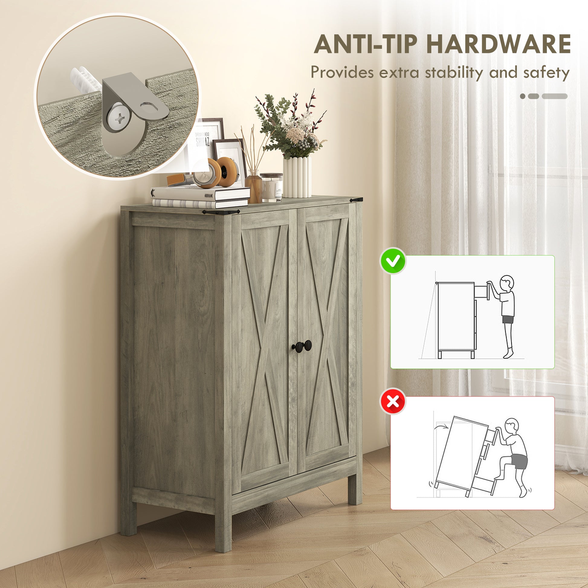 Shoe Cabinet with Barn Doors, Farmhouse Shoe Storage Cabinet with Adjustable Shelves, Holds up to 15 Pairs, Grey