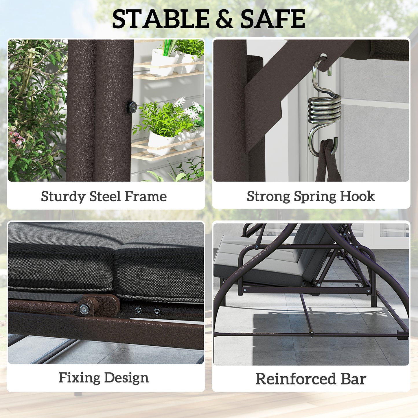 Convertible Patio Swing Bed with Canopy and Cushions, 3 Seater Porch Swing for Outdoor, Backyard, Garden, Dark Grey